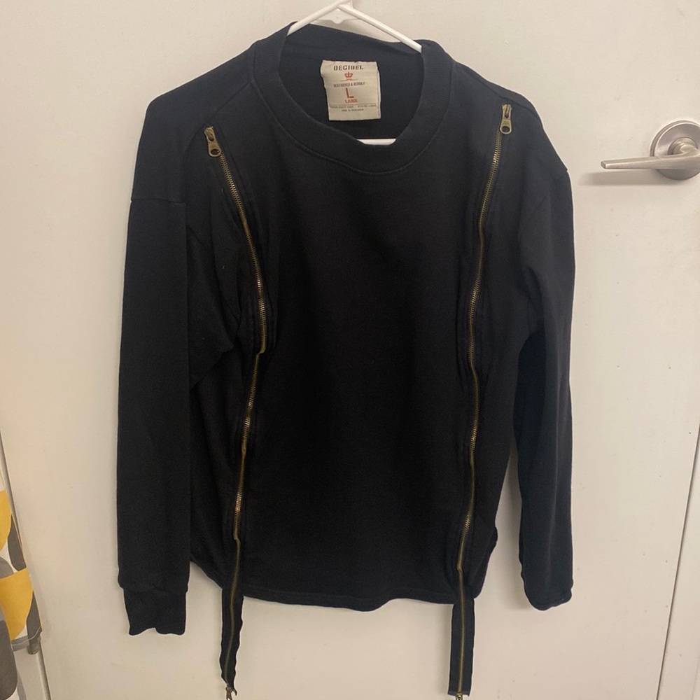 DECIBEL - Size Large Double Zipper Black Pullover Sweatshirt